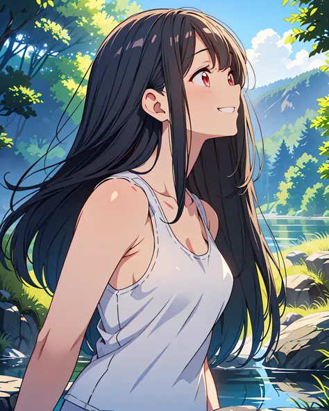  top quality, 32K,  high definition , masterpiece:1.5,  one beautiful girl ,  Animated Illustrations , Rich emotional expression, An exceptionally beautiful face,  perfect human anatomy , Big red eyes, ((Smiling profile looking up at the sky)), Black hair ...