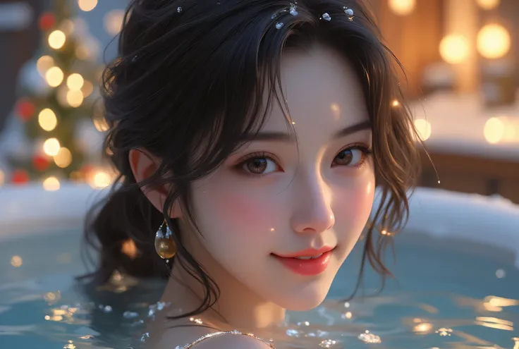 An open-air bath at night decorated with Christmas illuminations, 32k, Ultra high resolution, ultra high quality. A breathtakingly beautiful 24-year-old Japanese woman with delicate, refined features and a radiant, youthful charm, adorned with intricate an...