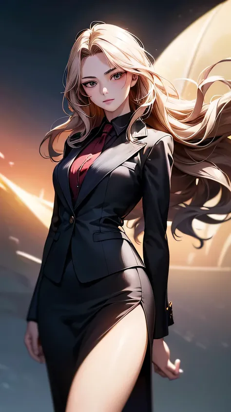 a cool anime 18 years old girl in formal suit, elegant suit, bossy vibes, smart girl, sharp eye, long wavy hair, beautiful detailed face, adorable girl, 3:4 body looks, perfect body ratio, front view, look at the camera, perfect background, (best quality,4...