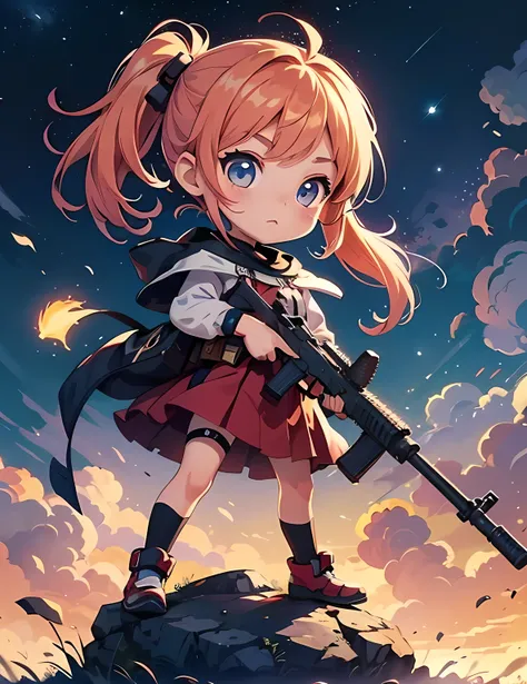 masterpiece, top quality, 1girl,  chibi anime, A girl with a gun is standing on a rock in the sky, glowing weapon、clouds at sunset、 cosmic background 