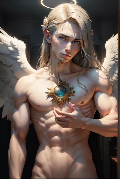  masterpiece ,  best quality)) An angel with six wings full of eyes, male figure, Very beautiful,  sad expression ,  looking at the observer , halo on the head, Lean and defined body