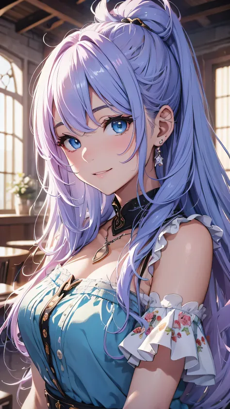 最 high quality、meilleure qualité dimage、 masterpiece、et((mignon、18 ans、Best bust、middle bust 、Beautiful blue eyes、 Spread your chest wide, pastel-colored hair 、queue de cheval、 disheveled hair 、mince、 debris fly 、 pastel dress 、 smile、collier、Wristbet 、)） ...