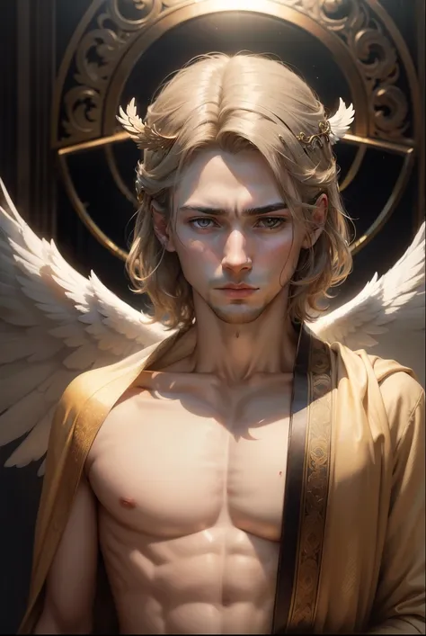  masterpiece ,  best quality)) An angel with six wings full of eyes, male figure, Very beautiful,  sad expression ,  looking at the observer , halo on the head, Lean and defined body