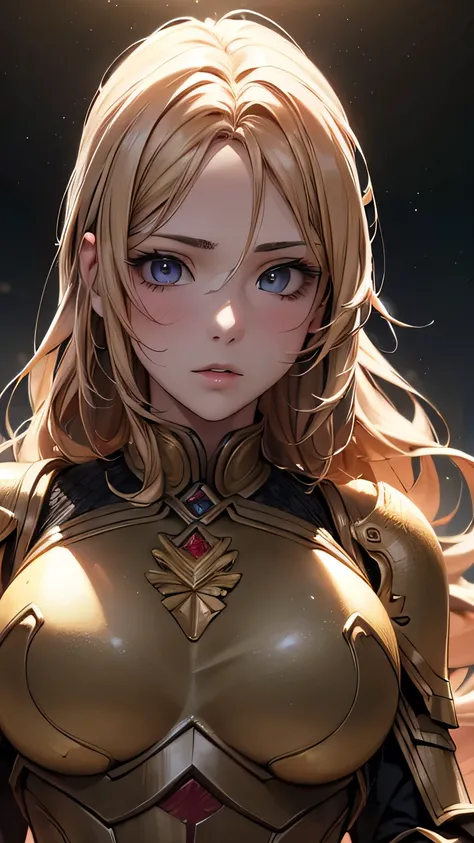 a cool anime 18 years old girl in golden armour, strong girl, leader of empirean cavalry, sharp eye, long wavy hair, beautiful detailed face, adorable girl, 3:4 body looks, perfect body ratio, front view, look at the camera, perfect background, (best quali...