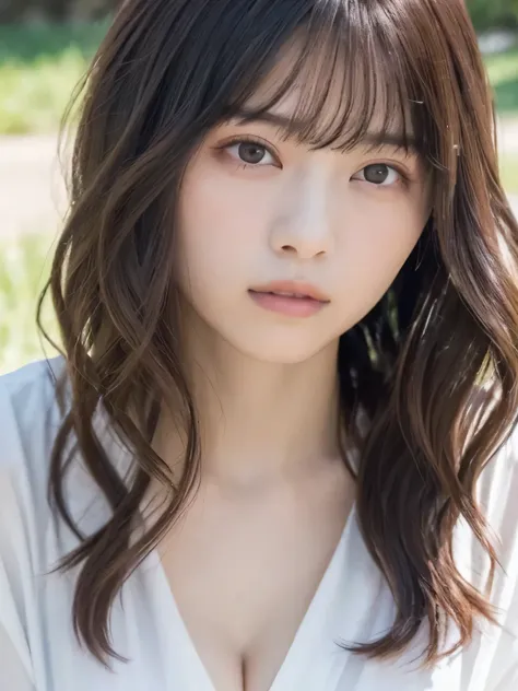 Masterpiece 、 top quality, super high resolution、8k, Photos 、 1 girl, ( Big Breasts :1.3), deep cleavage、 bright , blurry background, ( asymmetrical bang 、Super Long Wavy Hair :1.5), (A loose open-necked blouse)、Round face、Young Face、Natural Cosmetic...