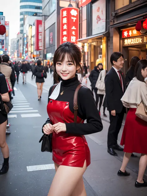  top quality　 Details　masterpiece　A super beautiful woman is smiling and wearing a miniskirt and walking along the red Momiji Street　Photo style　 imaginary　 fantasy　 real　 dramatic production 　 nice style 　 is leggy