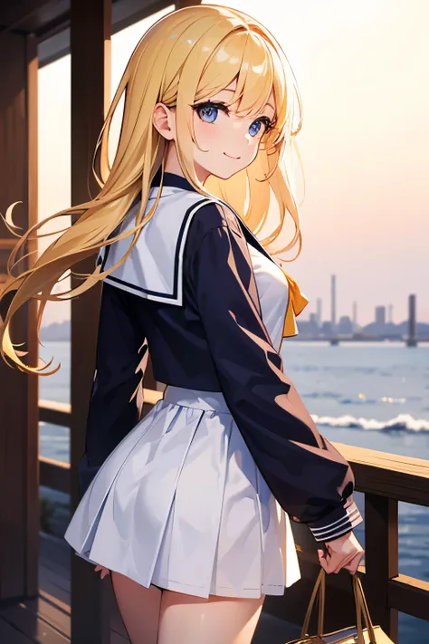 1girl in、 A smile、Blonde、cute、 The body is facing forward、Eyes looking straight ahead、whole body、Beautiful breasts、 sailor suit 、 back view、 Looking Back、Going home、On the way home、 Long Sleeve 