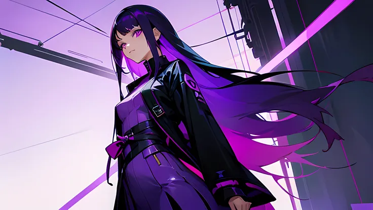 girl with long, straight hair, dark purple in color, light purple eyes, matching well with the color palette of her look, generally shy or reflective expression, cyberpunk clothes, with katana