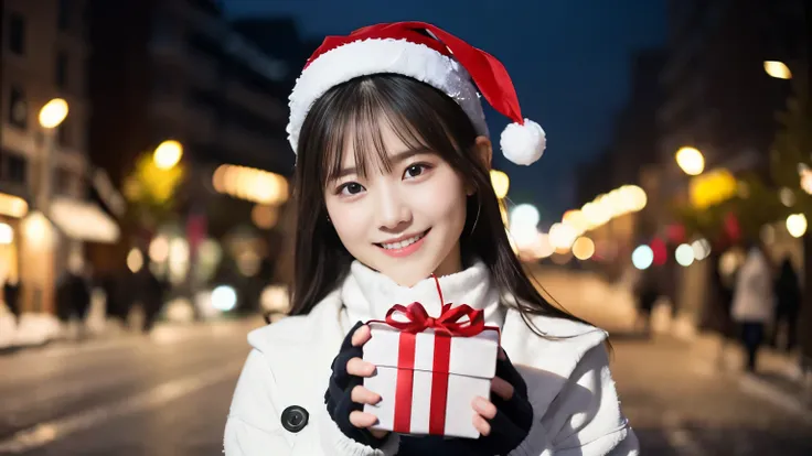 (Close-up of a girl、Shooting with long hair，My bangs are boring， wear a white jacket with a winter check scarf、 upper body:1.5)、((A girl with a shy smile、Gift box in hand 、The gift box is tied with a red ribbon :1.5))、( street corner and Christmas lights o...