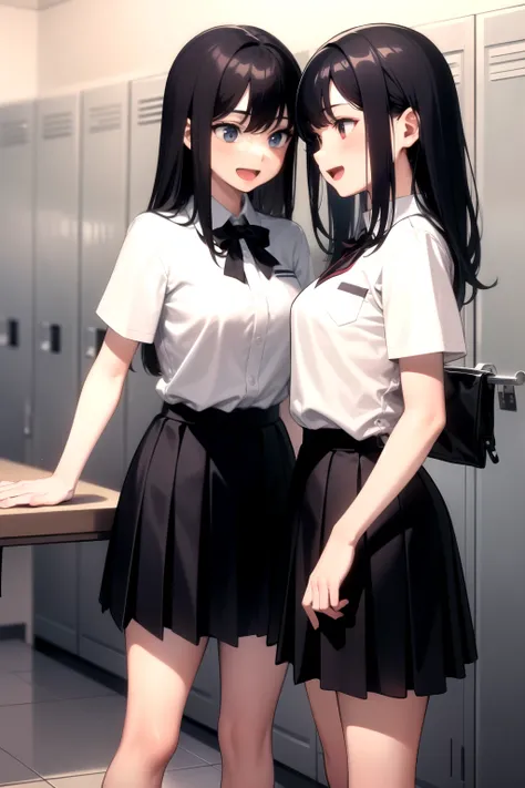locker room, multiple girls, School Uniform, ,
dressing, explain, :d, 2 girls,, masterpiece, is the best quality, Height Details