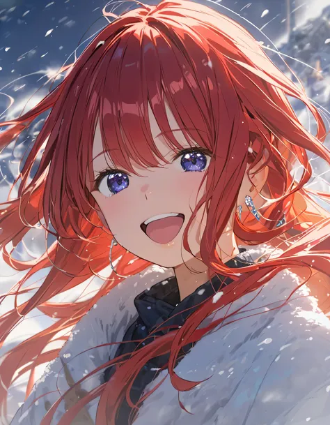 Age 23, girl、 redhead、 long hair, ponytail, earrings for a single woman , upper body, smile , A mean smile,Anime Images,winter, hair fluttering in the wind, excited ,Strong winds,Its windy, so hold your hair dow...
