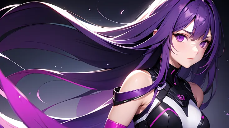 girl with long, straight hair, dark purple in color, purple eyes, matching well with the color palette of her look, generally shy or reflective expression, cyberpunk clothes