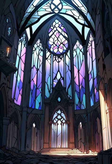 A crumbling, abandoned chapel on the edge of a forgotten village. Moonlight streams through shattered stained-glass windows