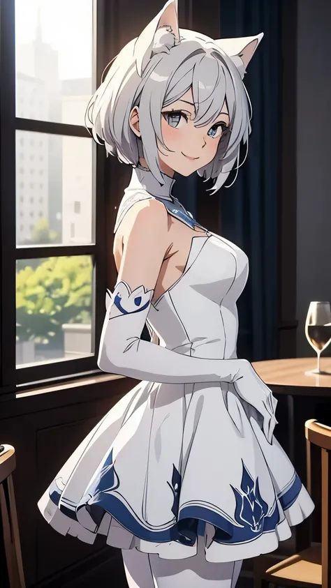   Tabletop in front of you 　  Max image  　  amazing　  high detail　  one young woman  （（adult））  anime style　 women and wedding dresses（  sleeveless）　white long gloves（Opera Gloves）　  white pantyhose 　White wolf ears　  short hair（（  shortcut ）（Grey Hair）（Cu...