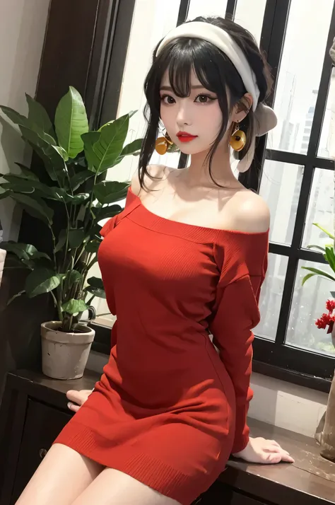 Photorealistic, Hanfu Chinese female celebrity office lady wearing a red sweater dress, red lips, long silky black hair, perfect bangs, eye shadow, attractive beauty, long black eyelashes, black eyeliner, seductive young skinny woman、pretty thin woman、pier...