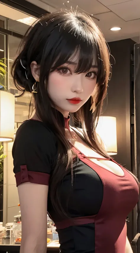 Photorealistic, Hanfu Chinese female celebrity office lady wearing a dress and golden earrings, red lips, long silky black hair, perfect bangs, eye shadow, attractive beauty, long black eyelashes, black eyeliner, seductive young skinny woman、pretty thin wo...