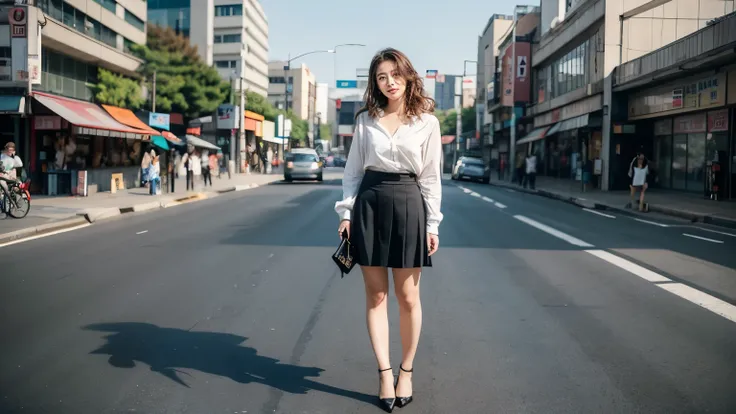 full body shot, standing posture, masterpiece, best quality, Original photo, absurd, UHD, 1 woman, wavy hair, Long grey brunette, Perfect fingers and slender legs, perfcect big smile, yak,look up at the viewer, (((Seoul Street))), intricate details:1.3 , 자...