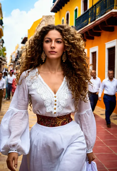  I want to create an image where you can clearly see the historic center of Cartagena and a beautiful real woman with long curly hair, Whats going. walking,Dressed in a long sleeve blouse and a beautiful semi-open skirt 