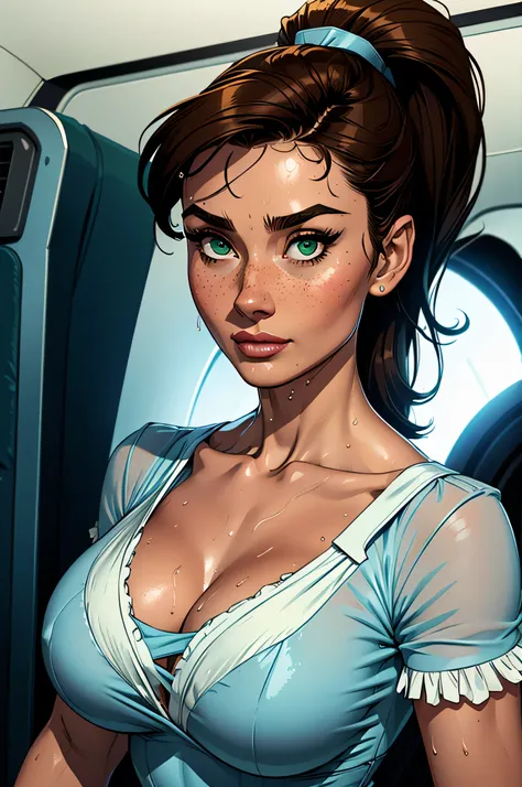 (  absurd,  high quality ,  ultra detailed, Beware of your hand  ) Close-up of a woman (flight attendant) athletic and skinny curvy , 25 years, 8k ((  high definition)), Serious face up close, seductive look,  green eyes , wearing a long dark blue dress ((...