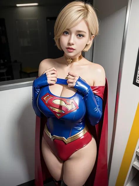 masterpiece、 latex supergirl costume 、 off-shoulder 、Ultra short hair、 Big and Rich Breasts 、 shiny sweaty skin 、Look directly into the camera、 choker、Provocative cleavage、 Long Sleeve 、Cape、Glamorous bare legs、 in front of laboratory equipment in hospital...