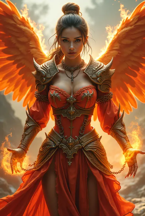 (8k, top quality, masterpiece), ( realistic , photo realistic : 1.37), super detailed, one girl , { Phoenix Knight }, Wide angle , Big bouncy breasts , Very delicate depiction , MINIATURE PAINTING , detailed depiction of short braid...