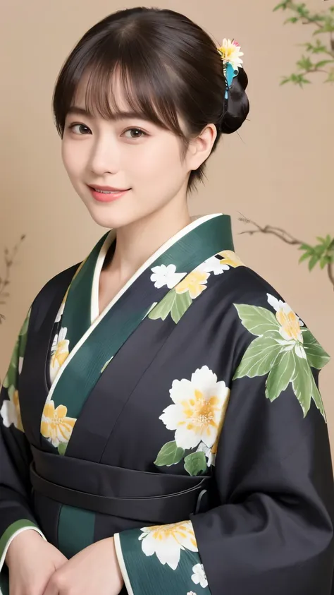 332 (20-year-old female, short haired ), ( high image quality), (smile), (kimono), ( colorful ), (Uemura Shoen Japanese Paintings), (flower), ( Japanese Garden)