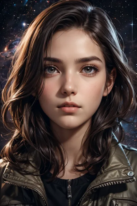 Upper body close-up image. A beautiful young woman. Detailed drawing of the face. Eighteen years old. dark brown hair. She is looking at the camera with a serious expression. She is wearing a jacket. An image of a parallel universe in space behind her