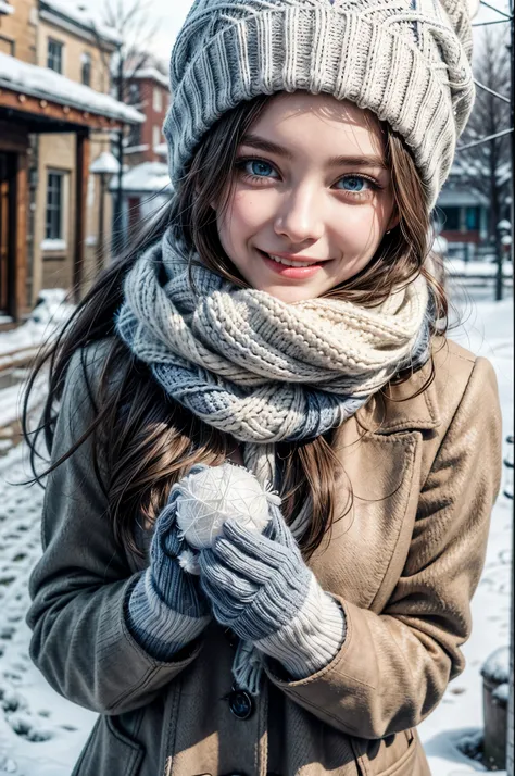 She is holding a pure white snowflake in both hands, long-legged gloves, scarf, knitted hat, photorealistic, fair and smooth skin, grey-blue eyes, beautiful face, brunette hair, photon mapping, bright natural light, vibrant colors, aesthetics, smiling, lau...