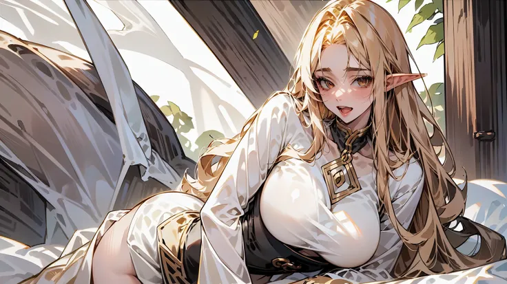 elf girl ,naked , no clothes, big tits, sexy , big ass, curvy, crazy expersion ,open mouth, fang teeth, golden long hair, golden eyes
