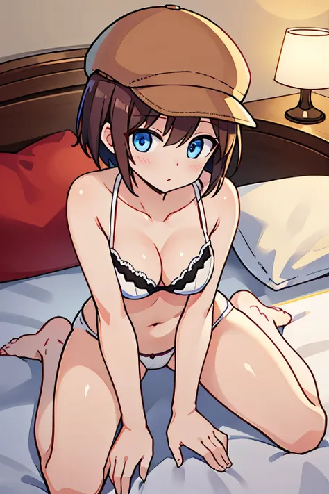 Helga Haruka  ,    blue eyes,    brown hair,    wears short hair over her shoulders,  Brown hat,    white bra , white panties,    1 girl, Is inviting sexual activity, perfect anatomy  ，  Love Hotel，  bed