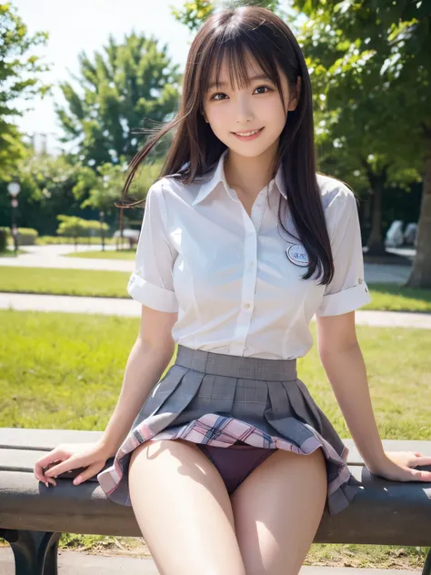   top quality ,   Masterpiece ,  super high resolution, (reality: 1.4), Original photo,  one girl,  mature,  is super cute、JK uniform,  high school girl、 gray check skirt、cute skirt and uniform 、Cute Panties、 tight breasts、 mischievous smile, On a park ben...