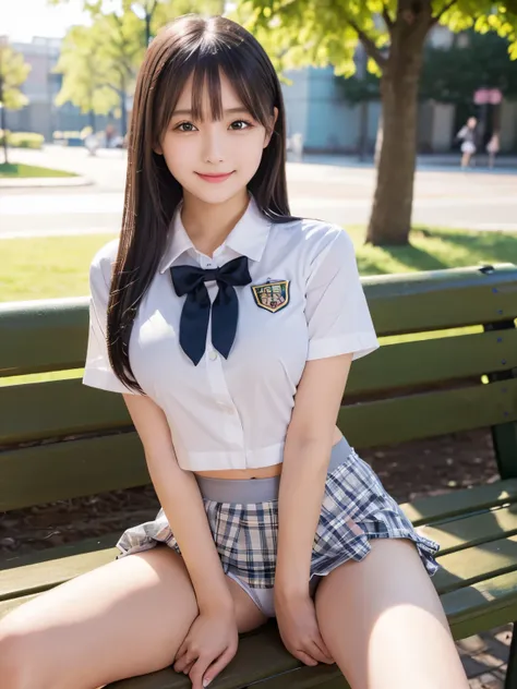   top quality ,   Masterpiece ,  super high resolution, (reality: 1.4), Original photo,  perfect anatomy 、 one girl,  mature,  is super cute、JK uniform,  high school girl、 gray check skirt、cute skirt and uniform 、Cute Panties、 tight breasts、 mischievous sm...