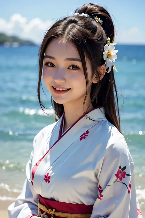 Upper body close-up image. Beautiful woman wearing a kimono. Detailed drawing of the face. Twenty years old. Dark brown hair. She is smiling and looking at the camera. she is standing on the seashore.