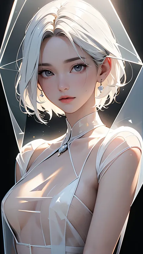  top quality,A perfect masterpiece,perfect artwork,Official Works,8k,, (Upper body portrait:1.3),(( The :1.5)), close-up lens,delicate face,, , Girl with White Hair ,(Excavation:1.5), short＆ medium hair,((White transparent eyes:1.5)),( white dress:1.2),( s...