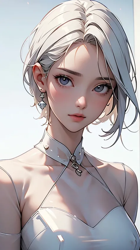  top quality,A perfect masterpiece,perfect artwork,Official Works,8k,, (Upper body portrait:1.3),(( The :1.5)), close-up lens,delicate face,, , Girl with White Hair ,(Excavation:1.5), short＆ medium hair,((White transparent eyes:1.5)),( white dress:1.2),( s...