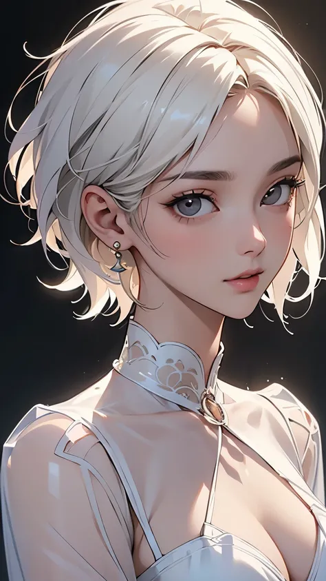  top quality,A perfect masterpiece,perfect artwork,Official Works,8k,, (Upper body portrait:1.3),(( The :1.5)), close-up lens,delicate face,, , Girl with White Hair ,(Excavation:1.5), short＆ medium hair,((White transparent eyes:1.5)),( white dress:1.2),( s...