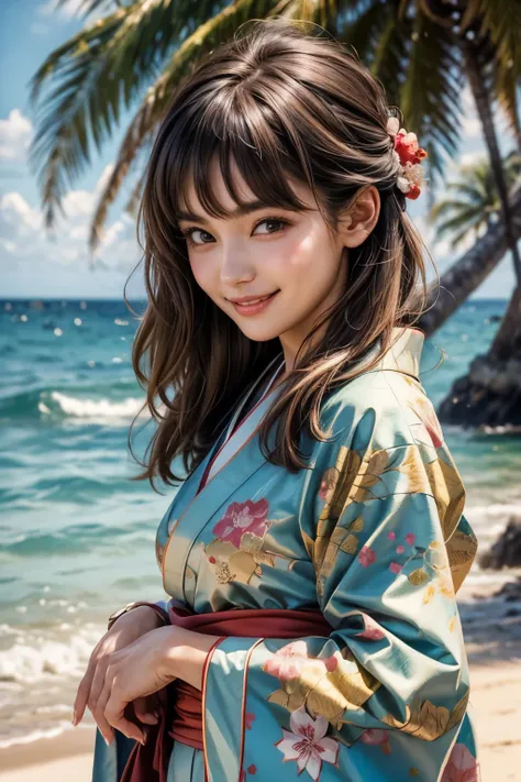 Upper body close-up image. Beautiful woman wearing a kimono. Detailed drawing of the face. Twenty years old. Dark brown hair. She is smiling and looking at the camera. she is standing on the seashore.