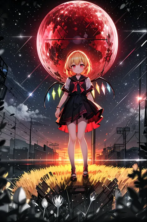 Detailed background, masterpiece,  top quality, Expressive、whole body、１alone、１By people、１Only people、only girl、Flandre Scarlett, ,  third-tailed yellow hair 、 red eyes、Blonde、Short Hair、 short hair 、 about the age of a female college student 、Oriental Proj...