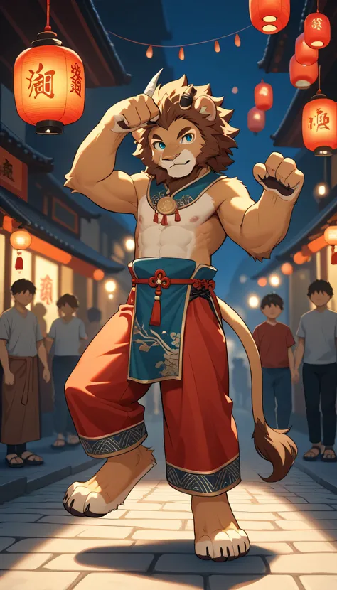 source_furry, score_7_up, lantern, boy, lion, street, Chinese cloth, one horn on head, kid, thin, paw pose, night