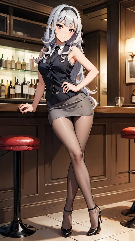 bartender woman, alone, standing, takane shijou, white long hair, BREAK, ((black cummer vest, short pencil Skirt, stiletto heels)), BREAK, (gray pantyhose: 1.3), thighs, Beautiful legs, sit on a counter chair, view audience, At a bar with a chic atmosphere...