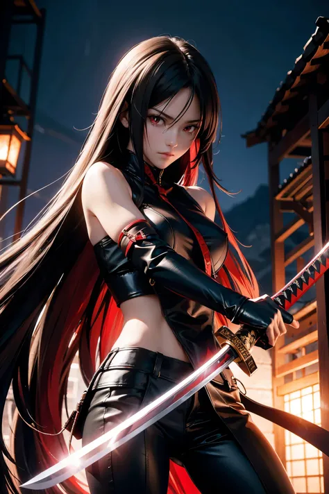 Long hair. Female assassin. Red eyes. Holding a katana (sword). Slashing motion. Anime. Image in frame. Strongly inspired by the character Akame from Akame ga Kill