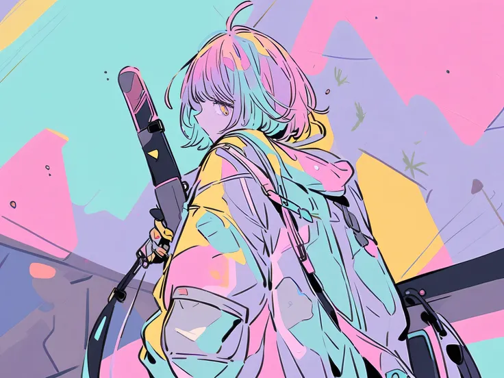 A detailed illustration of a female character in a full-body rear view, wearing a casual but edgy outfit. The character holds a pastel-colored electric guitar with a loosely hanging cable and carries a stylish, detailed backpack. Her short hair and modern ...