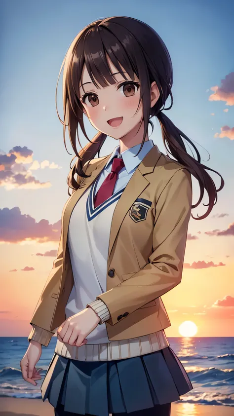(16k, super high resolution, top quality,masterpiece, very detailed, very clear ),okitasawa,low twintale ,brown jacket, red necktie , yellow sweater vest, blue skirt, pantyhose,  anatomically correct body , looking at camera, very detailed顔の特徴,  beautiful ...