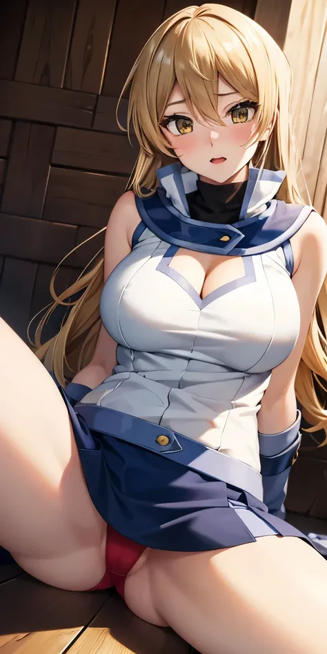 1 Female,High definition,high resolution,Ultra-realistic,8K, ta1,blonde hair,long hair,yellow eyes, white jacket, sleeveless, blue skirt,tight skirt , miniskirt,fingerless gloves,European,sexy,Upper body close-up,Photographed from the front,Dynamic Angles,...