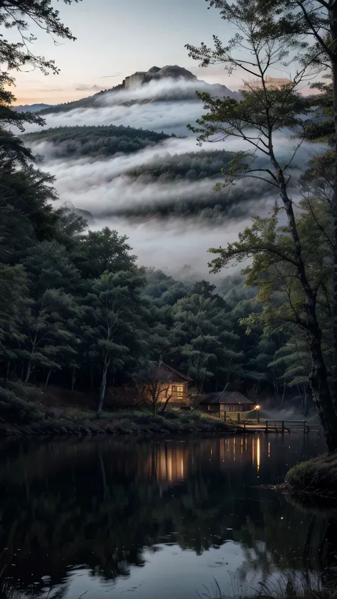 Create a tranquil lakeside cabin scene in a dense misty forest. The mood should be one of mystery and calm, with the cabins lights softly glowing through the mist