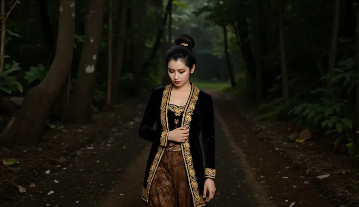 ((ultra-realistic photo)) [A beautiful 19-year-old Indonesian bride, dressed in a traditional black Javanese wedding kebaya with intricate gold detailing and a brown kebaya skirt, walks through a dark and rugged forest. Her face is streaked with tears, and...