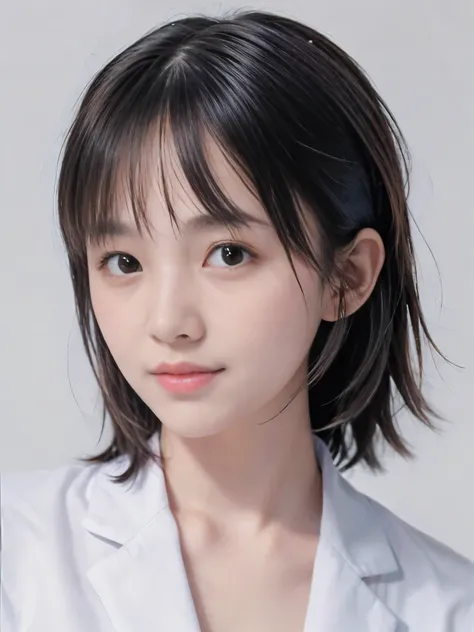 (Close-up face shot of one slender small breasts two side up black medium hair with bangs girl in a white nurse uniform :1.5)、(One girl  is walking in the hospital with small smile:1.5)、(blurred background:1.5)、(Natural light:1.5)、(8k ultra detailed master...