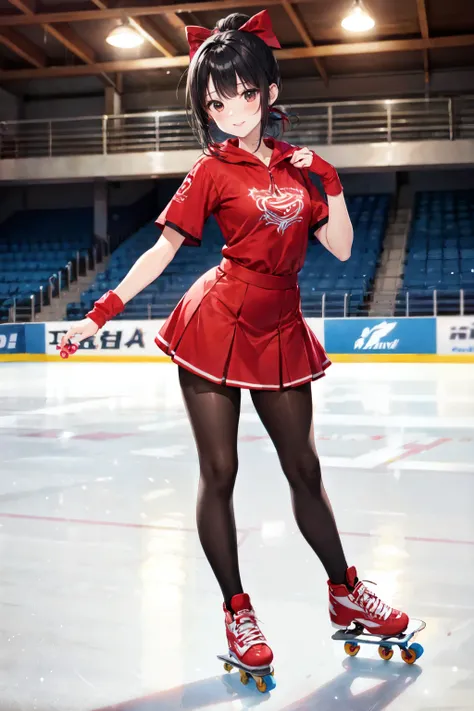    top quality、On the Skating Rink 、(red skate costume)、 chignon hair、 black hair、 gravure pose