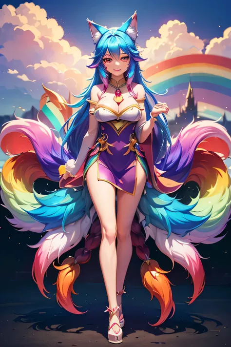 Ahri from league of legends, (((rainbow hair, 9 Tails, Wolf tail, Wolf ears))), Very Long hair, Anime style, wearing pretty dress, Full body view, City in background