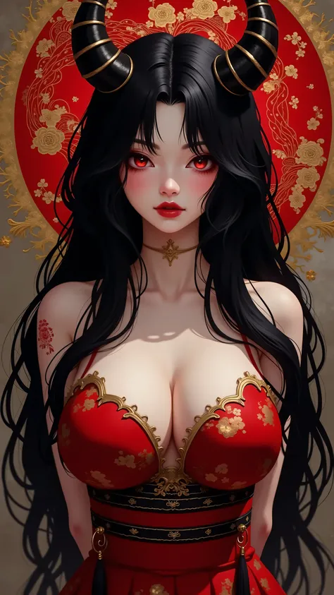 A girl with long loose black hair, crimson red eyes. Deep red lipstick, red eye shadow , portrait, very big breasts, black demon horns, with geisha clothes , big breasts, (arms behind back),
